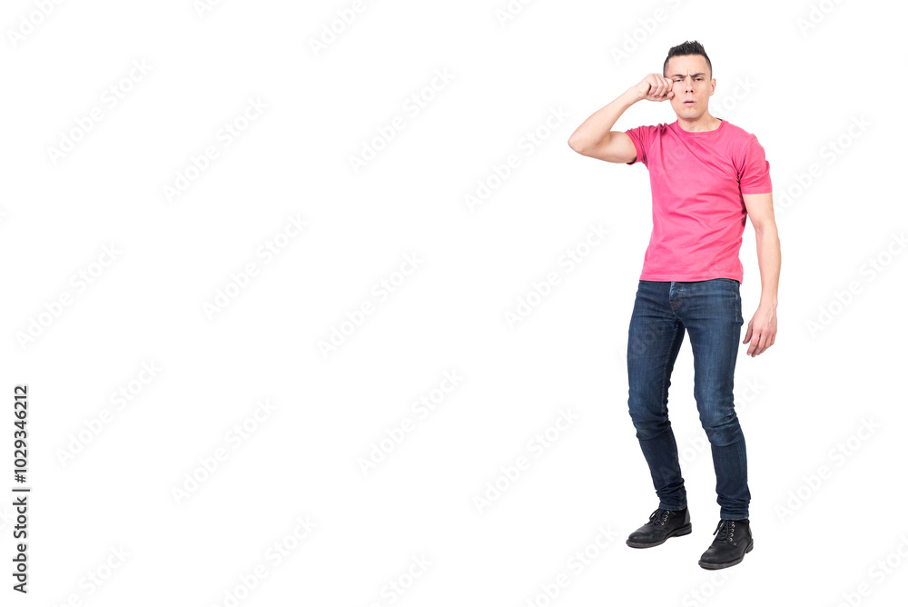 Sleepy man rubbing eyes after sleep. White background Sleepy man rubbing eyes after sleep. White background