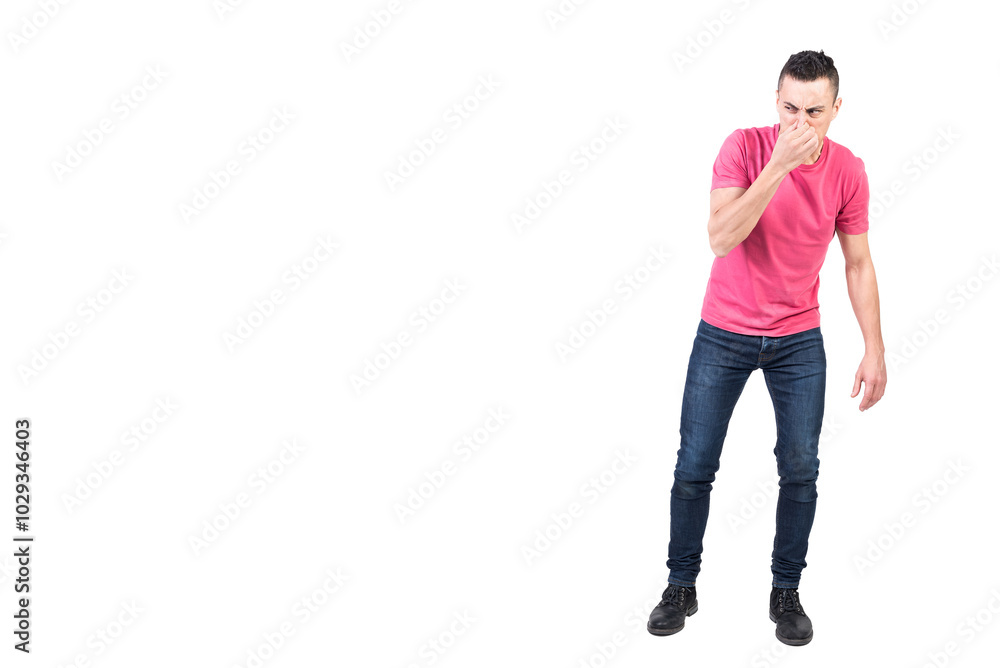 Man plugging nose from bad smell. White background Man plugging nose from bad smell. White background