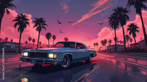 Nostalgisches Auto vor Sonnenuntergang in urbaner Umgebung in Miami, vice city