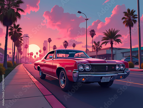 Nostalgisches Auto vor Sonnenuntergang in urbaner Umgebung in Miami, vice city