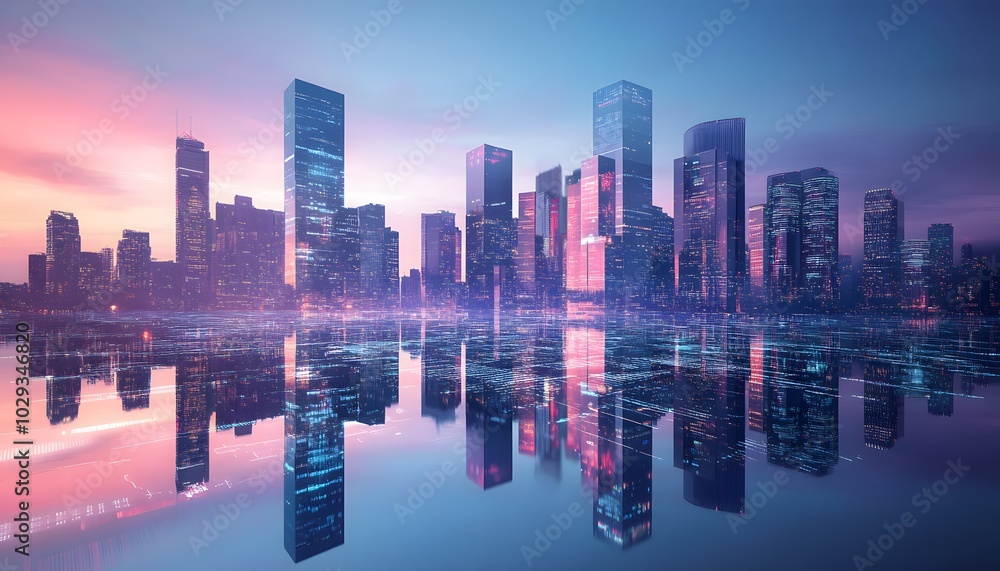 Stunning cityscape at sunset, showcasing modern skyscrapers reflecting on tranquil water, creating a vibrant urban atmosphere. Stunning cityscape at sunset, showcasing modern skyscrapers reflecting on tranquil water, creating a vibrant urban atmosphere.