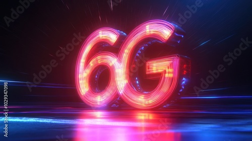 Glowing neon lights forming the 6G emblem against a dark background photo