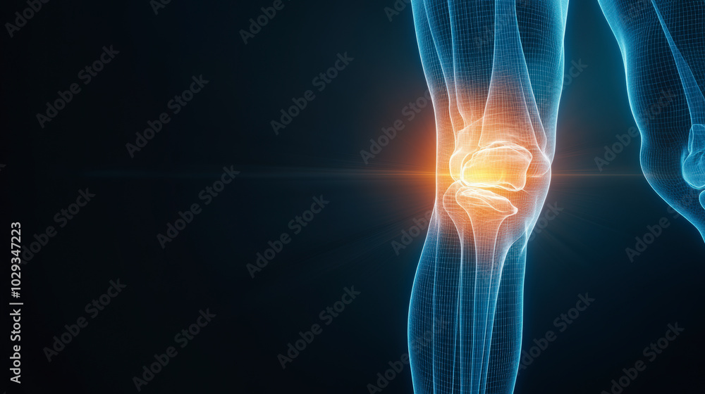 A digital rendering of a human knee joint with highlighted areas, illustrating potential pain or injury, set against a dark background. A digital rendering of a human knee joint with highlighted areas, illustrating potential pain or injury, set against a dark background.