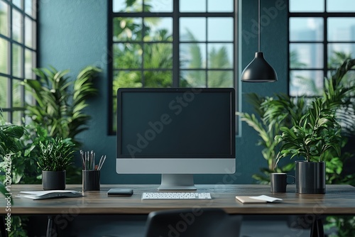 A modern workspace featuring a computer, plants, and large windows for natural light.