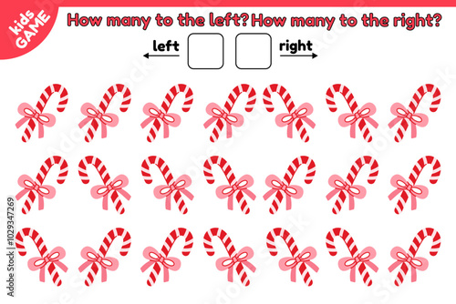 Christmas kids math counting game. How many striped candy canes is tilted to the left and how many to the right. Count, write answer. Vector Xmas illustration. Activities book for education children.