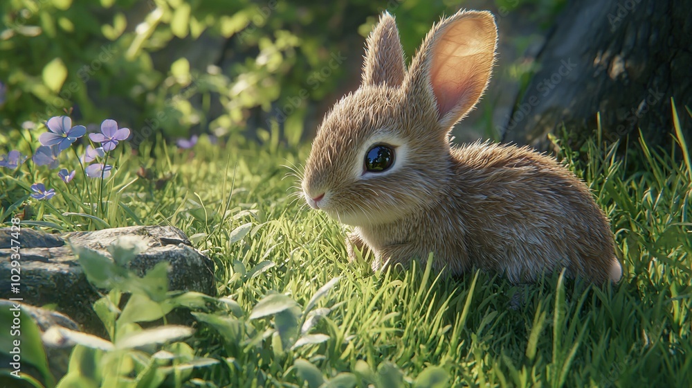 Fototapeta premium A tiny bunny nuzzled in tall grass near a towering oak, adorned by blooms on its ears