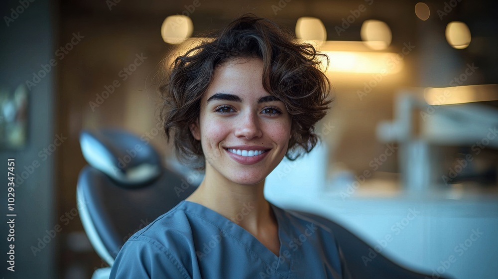 Smiling dental professional in scrubs poses confidently in a modern clinic during daylight hours Smiling dental professional in scrubs poses confidently in a modern clinic during daylight hours