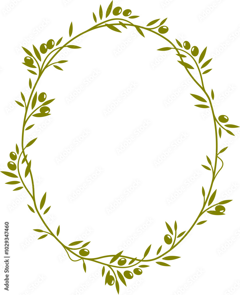 Olive leaves frame with vector border lines of green branches, vines and fruits. Olive tree wreath silhouette with ornate floral ornament. Vintage oval frame with green leaves and branches border Olive leaves frame with vector border lines of green branches, vines and fruits. Olive tree wreath silhouette with ornate floral ornament. Vintage oval frame with green leaves and branches border