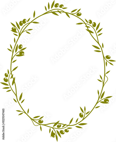 Olive leaves frame with vector border lines of green branches, vines and fruits. Olive tree wreath silhouette with ornate floral ornament. Vintage oval frame with green leaves and branches border
