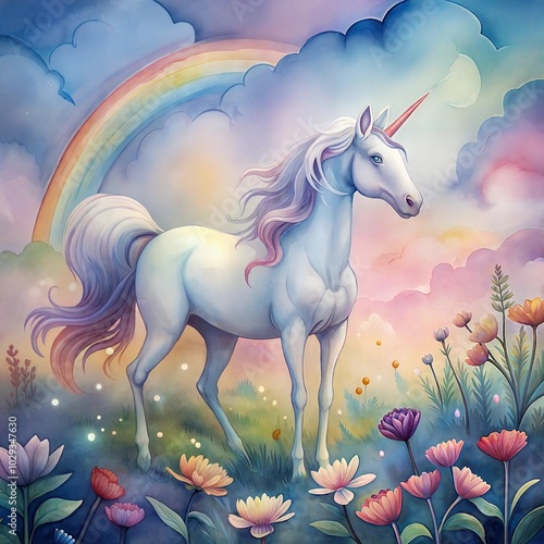 Magical Unicorn in a Fantasy Landscape with a Rainbow