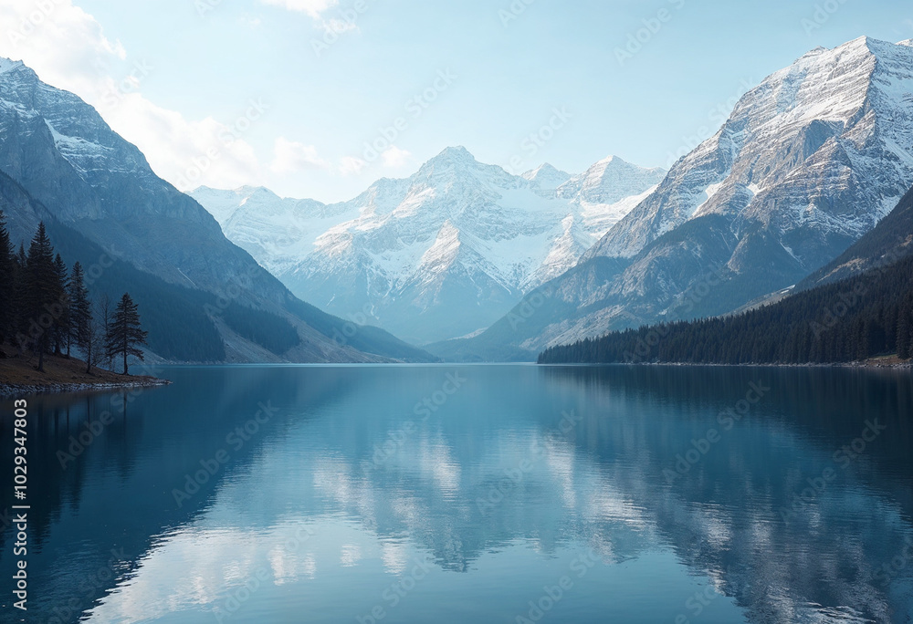Scenic Mountain Landscape with Reflection in Tranquil Lake Scenic Mountain Landscape with Reflection in Tranquil Lake