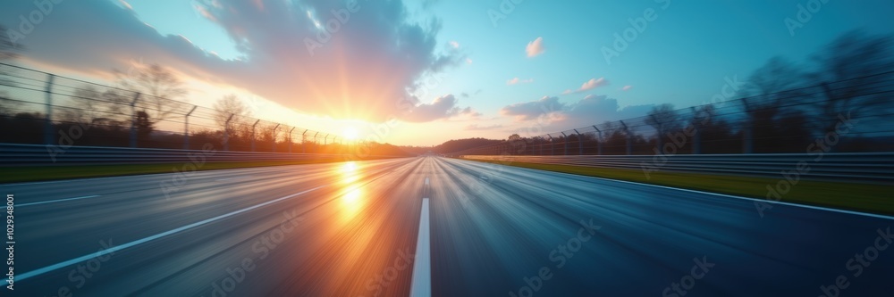 Naklejka premium Stunning perspective of a NASCAR racetrack at sunset, capturing the thrill and speed of motorsport. Perfect for racing enthusiasts and promotional materials.