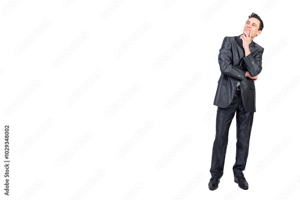 Thoughtful smiling businessman in studio. White background. Thoughtful smiling businessman in studio. White background.