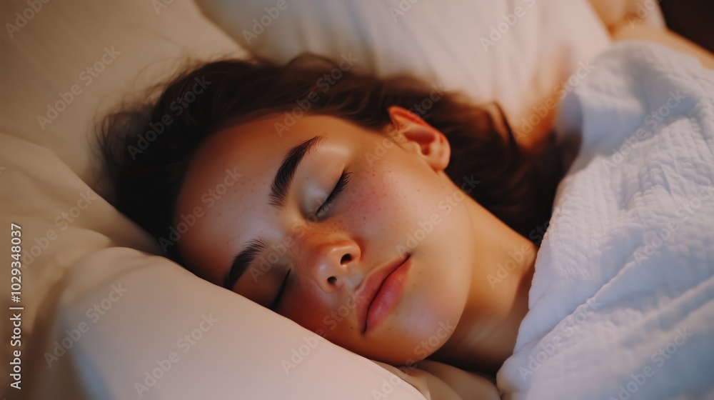A young woman peacefully sleeping in a cozy bed surrounded by soft pillows and white bedding in a serene bedroom setting A young woman peacefully sleeping in a cozy bed surrounded by soft pillows and white bedding in a serene bedroom setting