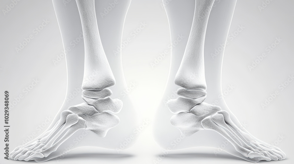 Anatomical illustration of two feet from the side, showing detailed skeletal structure and bone positioning on a neutral background. Anatomical illustration of two feet from the side, showing detailed skeletal structure and bone positioning on a neutral background.