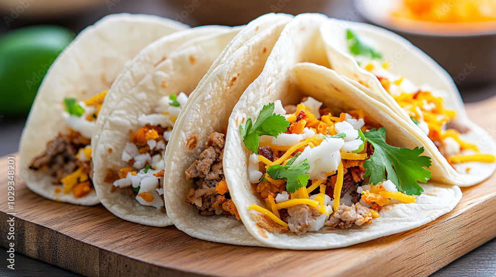 Three delicious tacos filled with ground meat, cheese, cilantro, and crumbled cheese are neatly arranged on a wooden board, ready to be enjoyed.