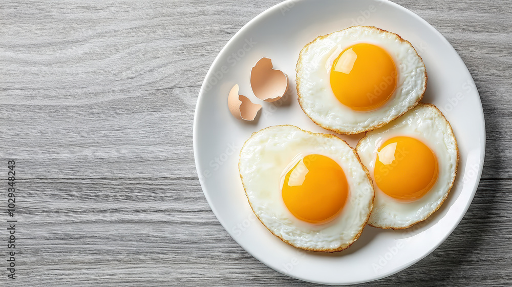 A plate with three sunny-side-up eggs, perfectly cooked, sits on a wooden table beside cracked eggshells, creating a simple breakfast scene. A plate with three sunny-side-up eggs, perfectly cooked, sits on a wooden table beside cracked eggshells, creating a simple breakfast scene.