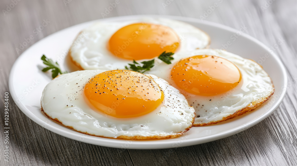 Three sunny-side-up eggs are perfectly cooked on a white plate, garnished with fresh parsley, ready to be enjoyed for breakfast. Three sunny-side-up eggs are perfectly cooked on a white plate, garnished with fresh parsley, ready to be enjoyed for breakfast.