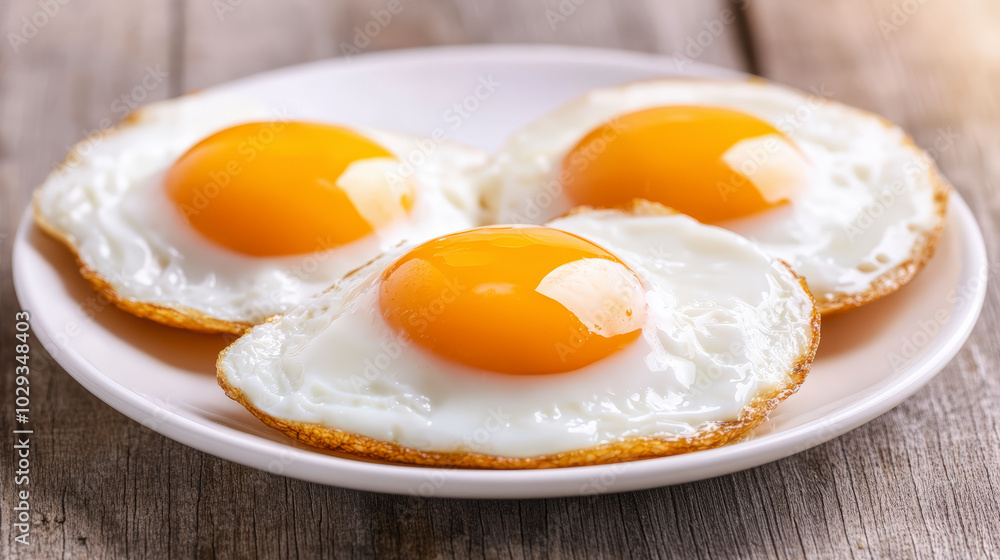 Three perfectly cooked sunny-side-up eggs sit atop a white plate, their yolks golden and vibrant, surrounded by crispy, slightly browned egg whites. Three perfectly cooked sunny-side-up eggs sit atop a white plate, their yolks golden and vibrant, surrounded by crispy, slightly browned egg whites.