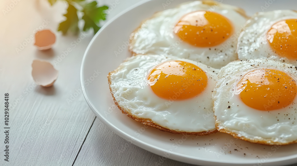 Four sunny-side-up eggs on a white plate, sprinkled with black pepper. Eggshells and parsley in the background on a light wooden table. Four sunny-side-up eggs on a white plate, sprinkled with black pepper. Eggshells and parsley in the background on a light wooden table.