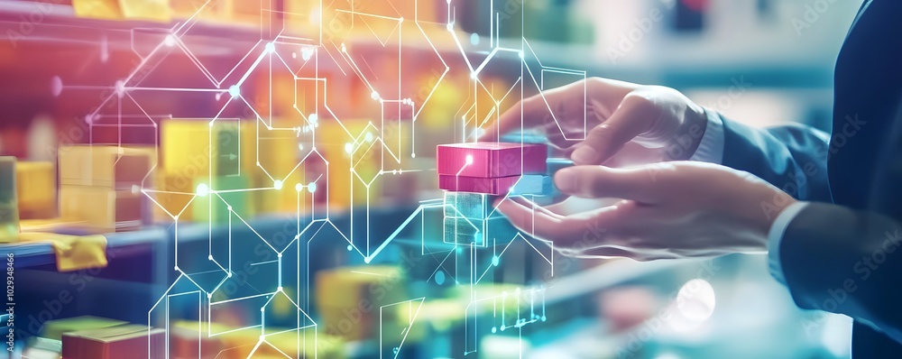 A business professional interacting with digital graphics and colorful packages, symbolizing modern technology in logistics. A business professional interacting with digital graphics and colorful packages, symbolizing modern technology in logistics.
