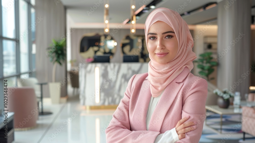 Confident Muslim Woman in Pink Suit and Hijab in a Modern Lobby Confident Muslim Woman in Pink Suit and Hijab in a Modern Lobby
