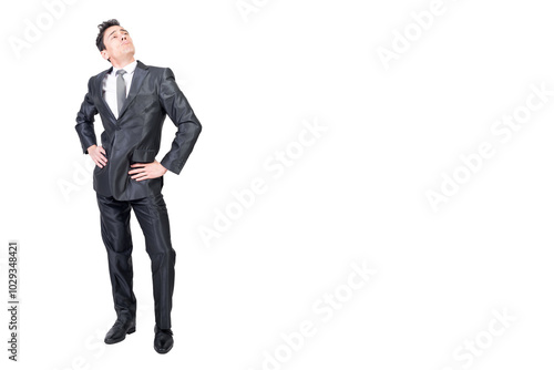 Arrogant man in formal suit. White background.