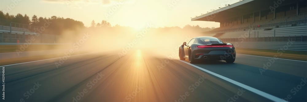 Fototapeta premium A thrilling NASCAR moment capturing a sleek race car speeding into the sunset, embodying speed, adrenaline, and the excitement of motorsports.