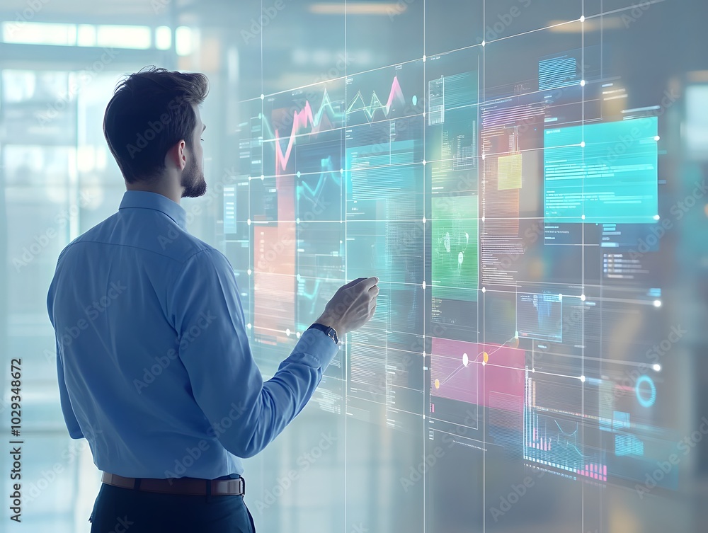 A businessman interacting with futuristic data visualization on a transparent screen in a modern office environment. A businessman interacting with futuristic data visualization on a transparent screen in a modern office environment.