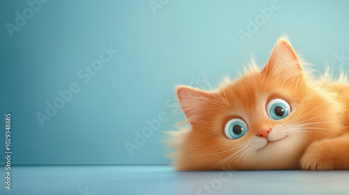 A fluffy, orange kitten with big blue eyes lies comfortably on the floor against a soft blue background, looking curiously and adorably at the camera. photo