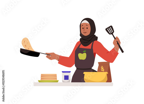 Muslim woman cooking on the kitchen, preparing a pancakes, vector cartoon Arab female in hijab holding pan frying pastry