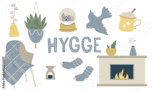 Happy cozy sweet home hygge elements and hand-drawn lettering isolated set on white background. Interior aesthetics with comfortable house apartment decoration vector illustration