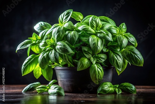 Fresh Basil Leaves on Black Background - Vibrant Culinary Herb Photography