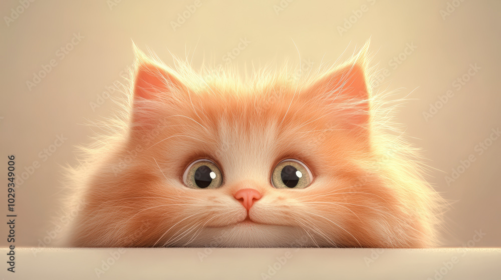 Fluffy orange kitten with big eyes peeks over a ledge, looking curious and adorably innocent against a soft, warm background. Fluffy orange kitten with big eyes peeks over a ledge, looking curious and adorably innocent against a soft, warm background.