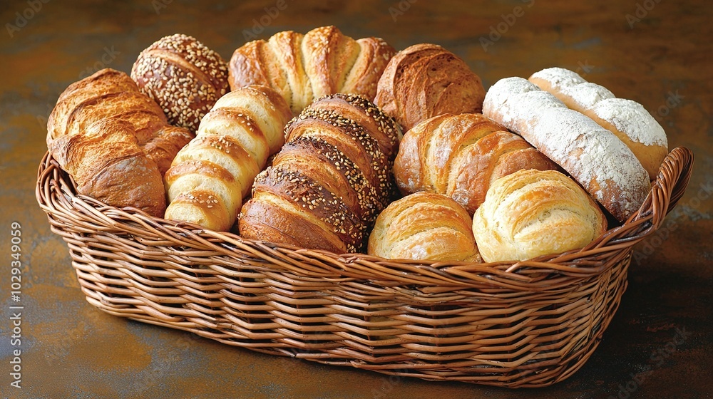 A wicker basket brimming with diverse breads atop a tawny counter, alongside a bottle of wine A wicker basket brimming with diverse breads atop a tawny counter, alongside a bottle of wine