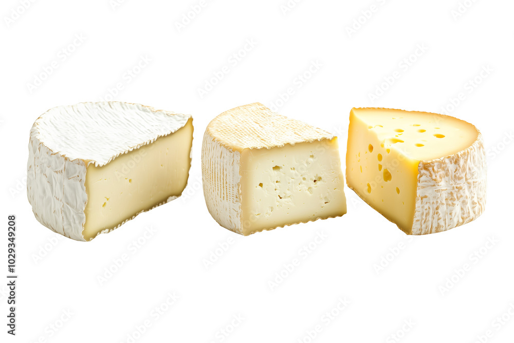 Assorted cheese varieties including aged and semi-soft cheese isolated on white background. Concept of dairy products and Italian cuisine Assorted cheese varieties including aged and semi-soft cheese isolated on white background. Concept of dairy products and Italian cuisine