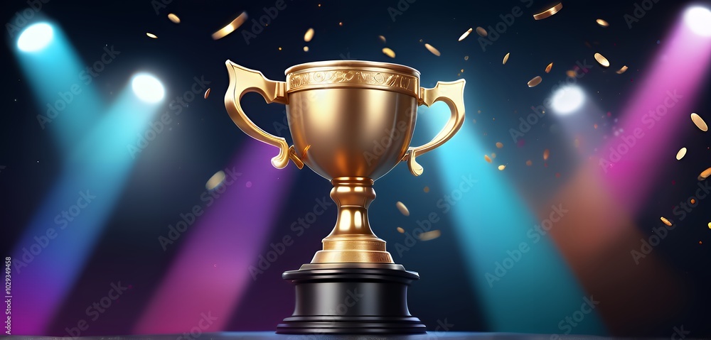 Trophy cup. Gold first place winners trophy with falling confetti and streamers. Champion trophy, shiny golden cup falling confetti for sport award. Winner prize, champions. Trophy cup. Gold first place winners trophy with falling confetti and streamers. Champion trophy, shiny golden cup falling confetti for sport award. Winner prize, champions.