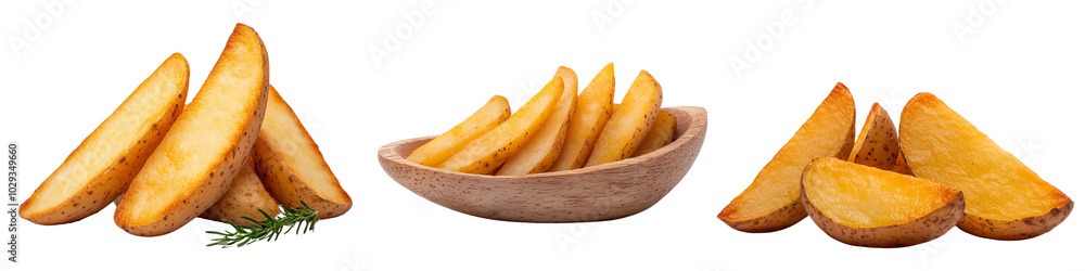 Delicious golden potato wedges on white background transparent background Delicious golden potato wedges on white background transparent background
