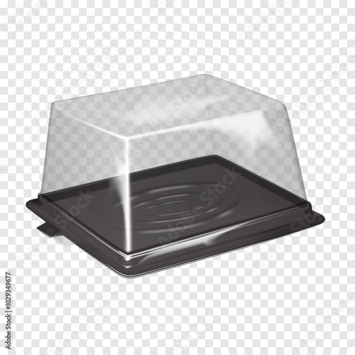 Rectangle plastic cake carrier box with clear dome lid. Realistic 3d vector mock-up. Empty food container with transparent lid for pie, cupcake, other dessert. Mockup. Bakery box. Template for design