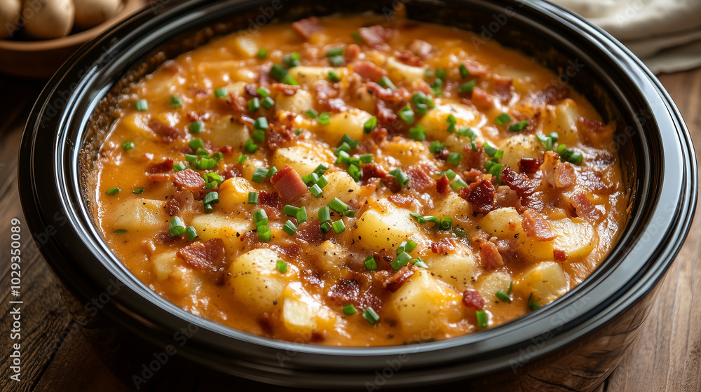 Cheesy Crack Potato Soup with Bacon and Chives in Crock Pot on Wooden Table Cheesy Crack Potato Soup with Bacon and Chives in Crock Pot on Wooden Table