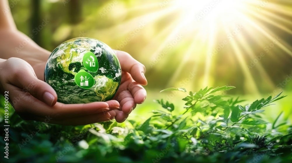 Hands gently holding a globe with green energy icons, surrounded by fresh, green foliage Hands gently holding a globe with green energy icons, surrounded by fresh, green foliage