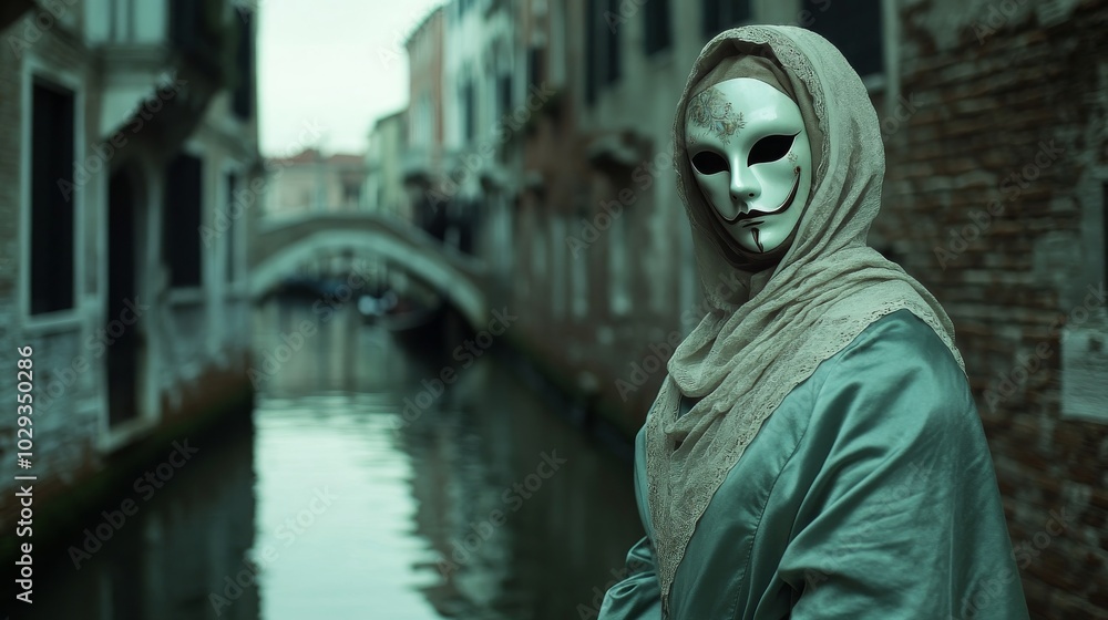 A masked individual in elegant attire gazes into the tranquil waters of Venice A masked individual in elegant attire gazes into the tranquil waters of Venice