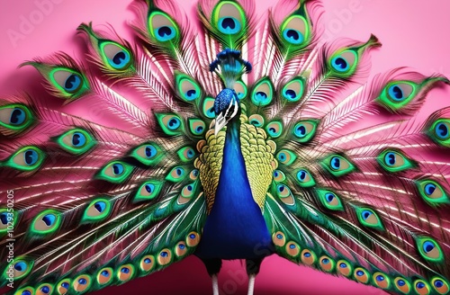 The peacock has spread its tail. The bird has beautiful plumage. Pink background.