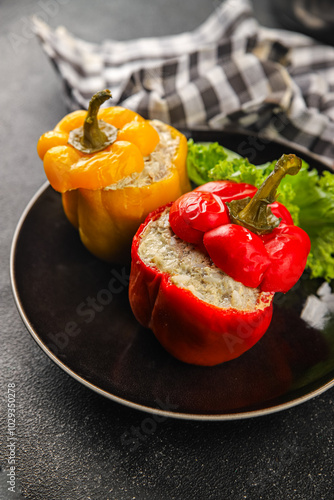 pepper stuffed meat and rice tasty food dish second course Fresh delicious gourmet food background on the table rustic food top view copy space top view photo