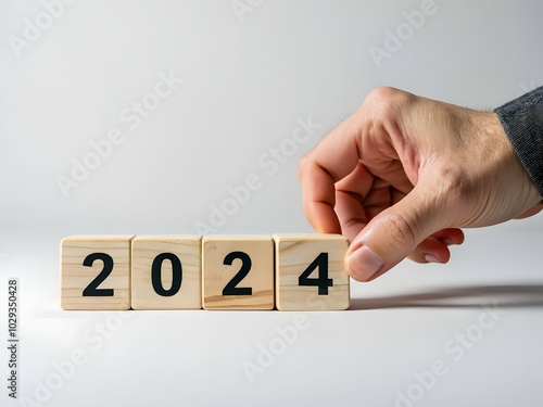 Hand stacking numbered wooden blocks for business growth in 2024. Woodblocks cubes square for business goals