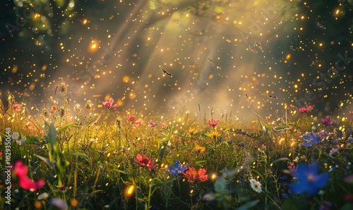 Serene field of wildflowers aglow with firefly magic, 4K hyperrealistic photo