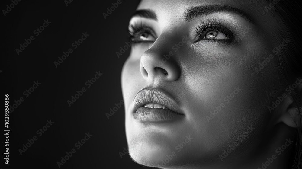 High-contrast black-and-white portrait of a woman with harsh lighting accentuating the contours of her face. Sharp shadows highlight her skin texture and strong features High-contrast black-and-white portrait of a woman with harsh lighting accentuating the contours of her face. Sharp shadows highlight her skin texture and strong features
