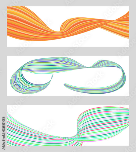 Wavy lines or ribbons. Set of 3 backgrounds. Multicolored striped gradient. Creative unusual background with abstract gradient wave lines to create a trendy banner, poster. vector eps