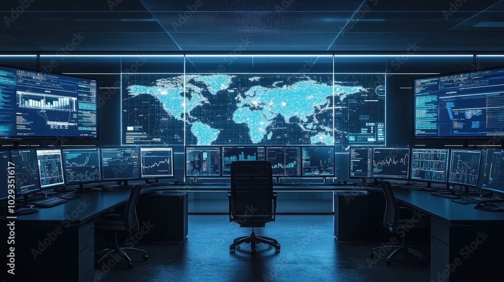 High-tech logistics command center with multiple monitors displaying real-time shipment tracking and analytics High-tech logistics command center with multiple monitors displaying real-time shipment tracking and analytics