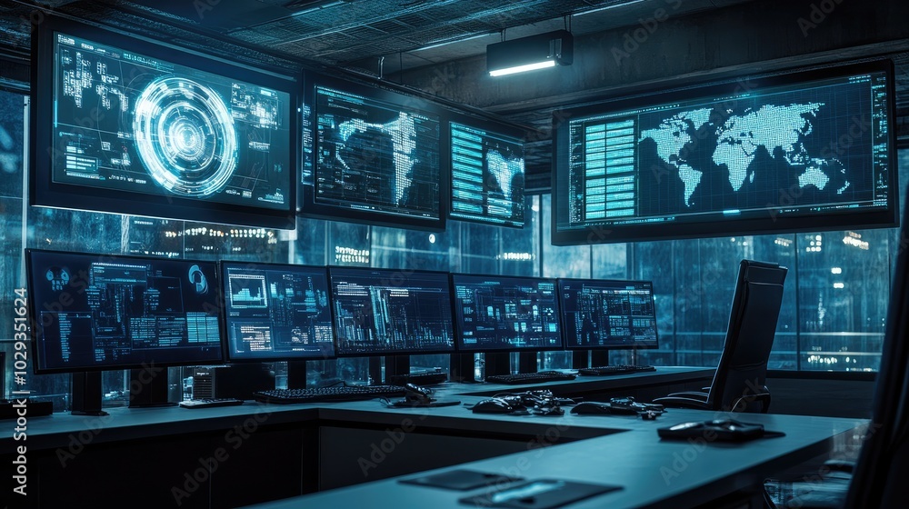 High-tech logistics command center with multiple monitors displaying real-time shipment tracking and analytics High-tech logistics command center with multiple monitors displaying real-time shipment tracking and analytics